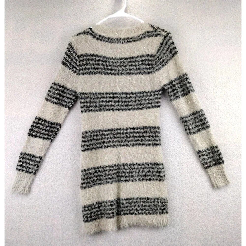 Mirumi Striped Fuzzy Knit Sweater‎ Dress Long Sleeve Sparkle V Neck M